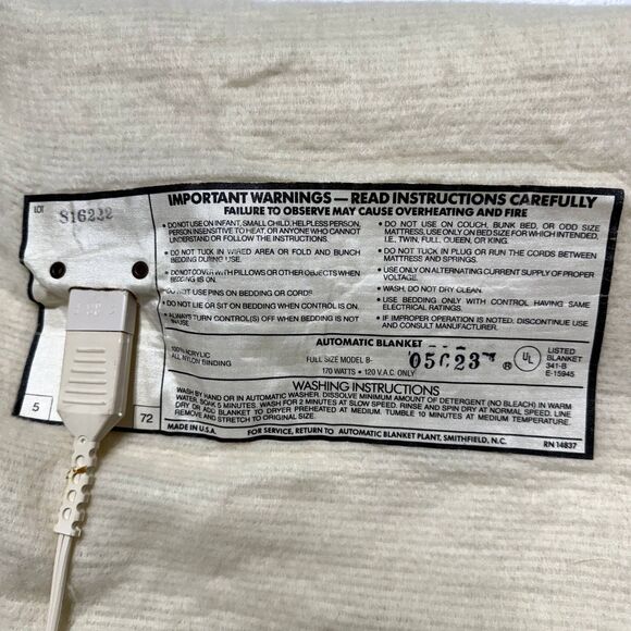 Vintage St. Mary's Heated Electric Blanket Full Size Automatic Cream Satin Trim - Picture 7 of 7